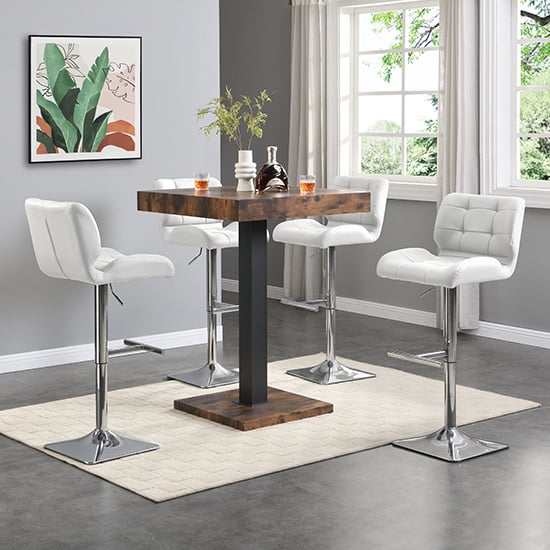 Product photograph of Topaz Rustic Oak Wooden Bar Table With 4 Candid White Stools from Furniture in Fashion