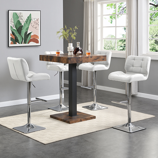 Read more about Topaz rustic oak wooden bar table with 4 candid white stools