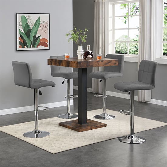 Topaz Rustic Oak Wooden Bar Table With 4 Coco Grey Stools