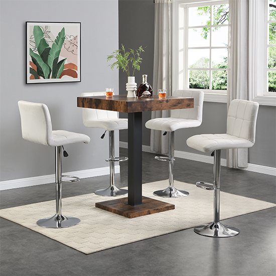 Read more about Topaz rustic oak wooden bar table with 4 coco white stools