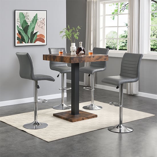 Topaz Rustic Oak Wooden Bar Table With 4 Ripple Grey Stools