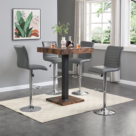 Read more about Topaz rustic oak wooden bar table with 4 ripple grey stools