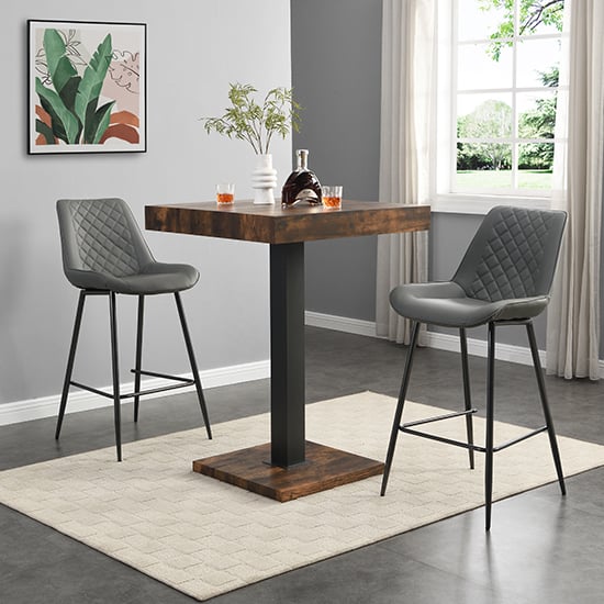 Topaz Rustic Oak Wooden Bar Table With 2 Oston Grey Stools