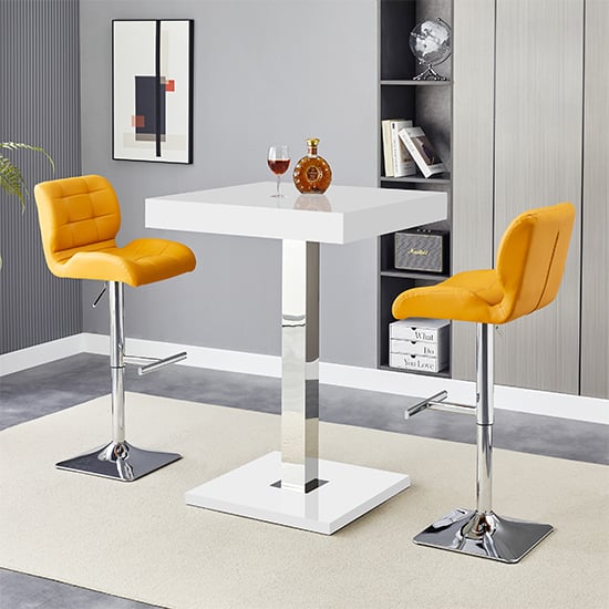 Topaz White High Gloss Bar Table With 2 Candid Curry Stools