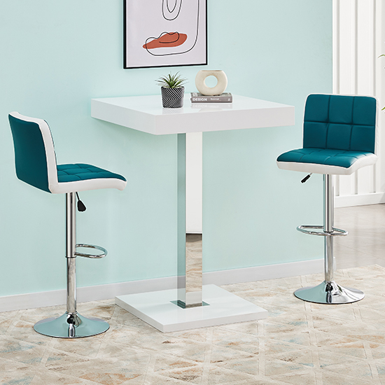 Photo of Topaz white high gloss bar table 2 copez teal white stools