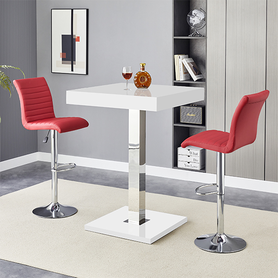 Product photograph of Topaz White High Gloss Bar Table With 2 Ripple Bordeaux Stools from Furniture in Fashion