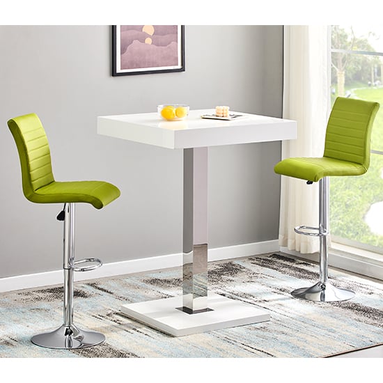 Photo of Topaz white high gloss bar table with 2 ripple green stools