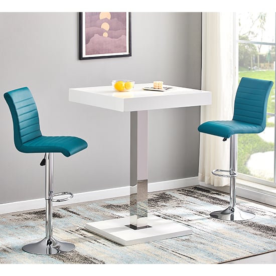 Photo of Topaz white high gloss bar table with 2 ripple teal stools