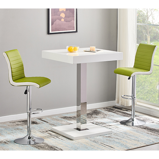 Topaz White Gloss Bar Table With 2 Ritz Lime Green White Stools