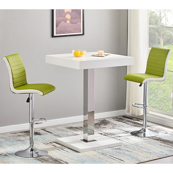 Product photograph of Topaz White High Gloss Bar Table 2 Ritz Green White Stools from Furniture in Fashion