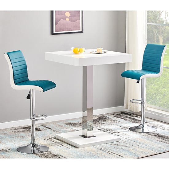 Photo of Topaz white high gloss bar table 2 ritz teal white stools