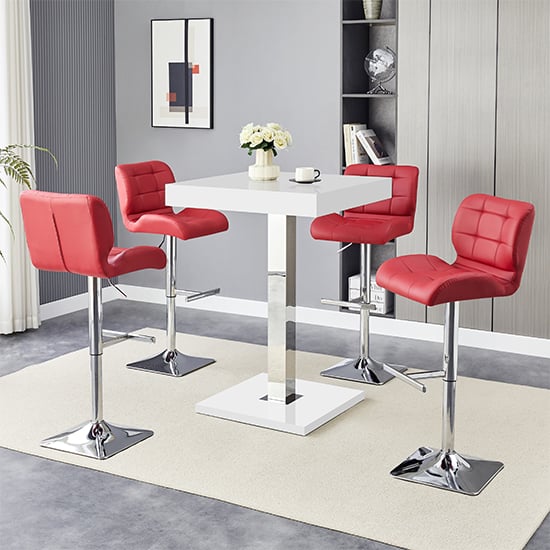 Read more about Topaz white high gloss bar table with 4 candid bordeaux stools