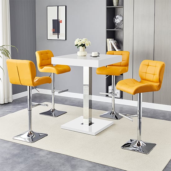 Topaz White High Gloss Bar Table With 4 Candid Curry Stools