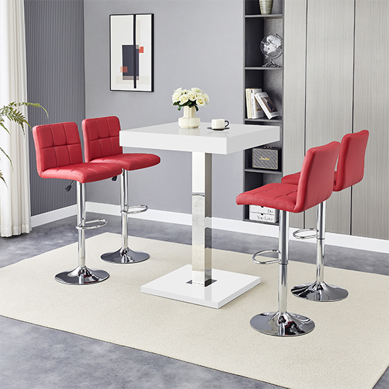 Topaz White High Gloss Bar Table With 4 Coco Bordeaux Stools