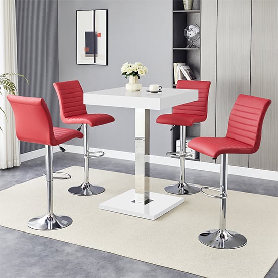 Product photograph of Topaz White High Gloss Bar Table With 4 Ripple Bordeaux Stools from Furniture in Fashion
