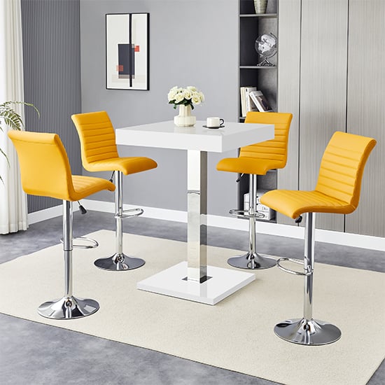 Product photograph of Topaz White High Gloss Bar Table With 4 Ripple Curry Stools from Furniture in Fashion