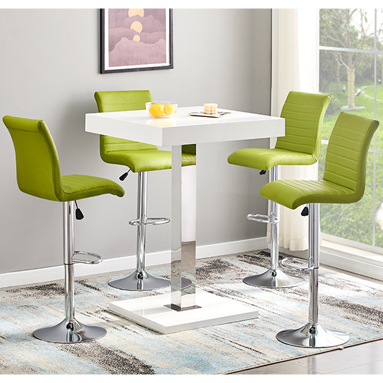 Photo of Topaz white high gloss bar table with 4 ripple green stools