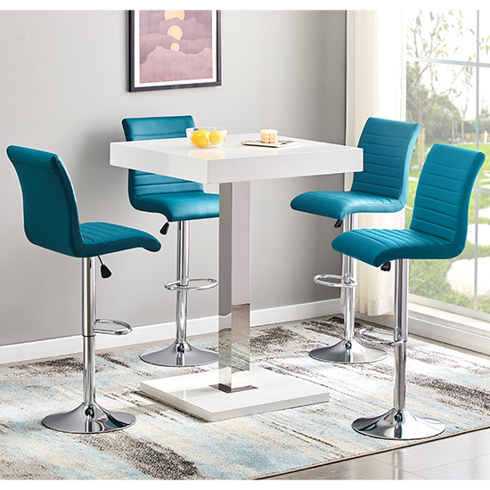 Product photograph of Topaz White High Gloss Bar Table With 4 Ripple Teal Stools from Furniture in Fashion