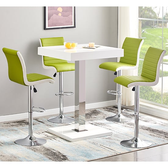 Product photograph of Topaz White High Gloss Bar Table 4 Ritz Green White Stools from Furniture in Fashion