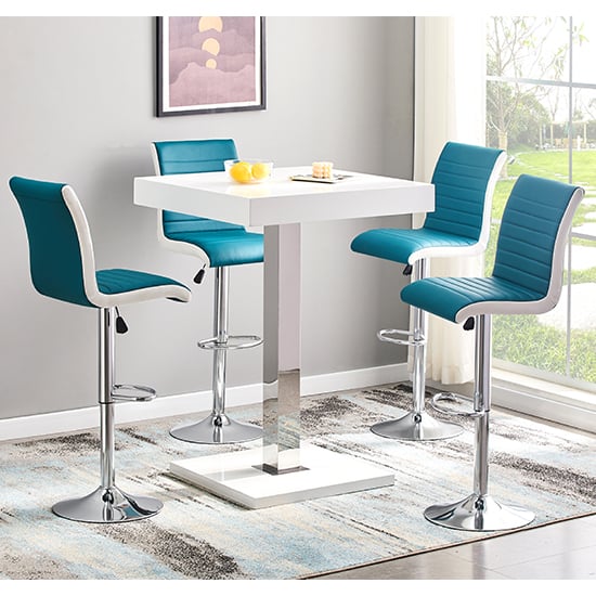 Photo of Topaz white high gloss bar table 4 ritz teal white stools