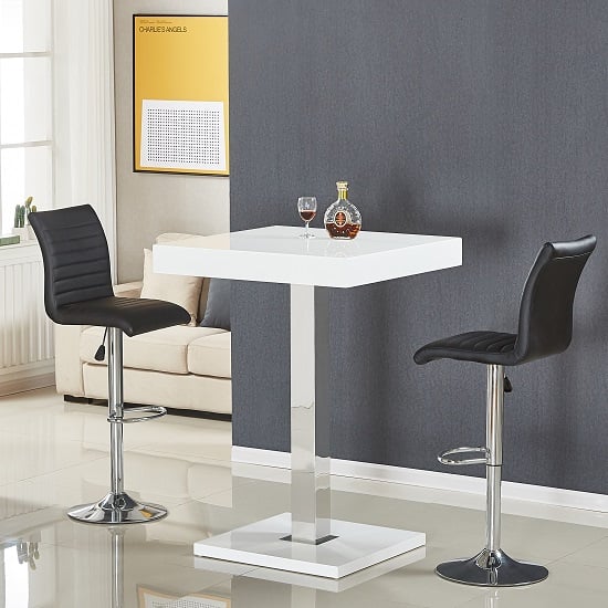 Product photograph of Topaz White High Gloss Bar Table With 2 Ripple Black Stools from Furniture in Fashion