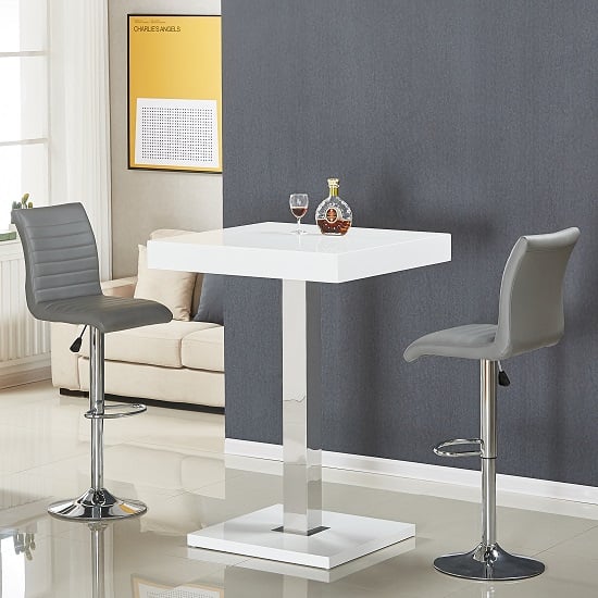 Topaz Bar Table In White Gloss With 2 Ripple Grey Stools