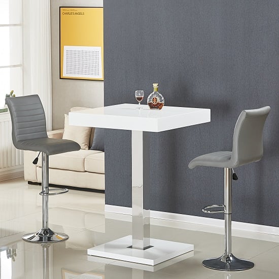 Photo of Topaz white high gloss bar table with 2 ripple grey stools