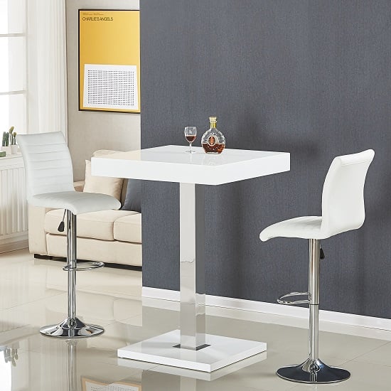 Photo of Topaz white high gloss bar table with 2 ripple white stools