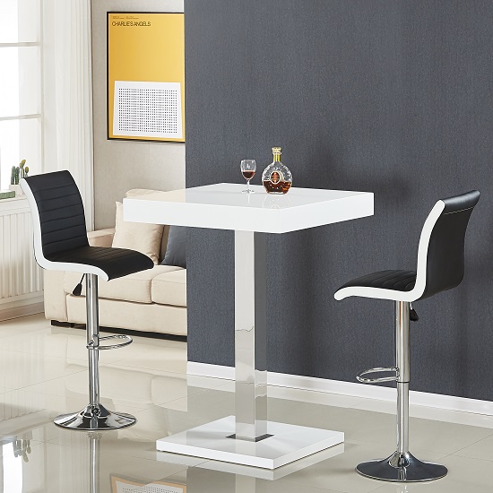 Photo of Topaz white high gloss bar table with 2 ritz black white stools