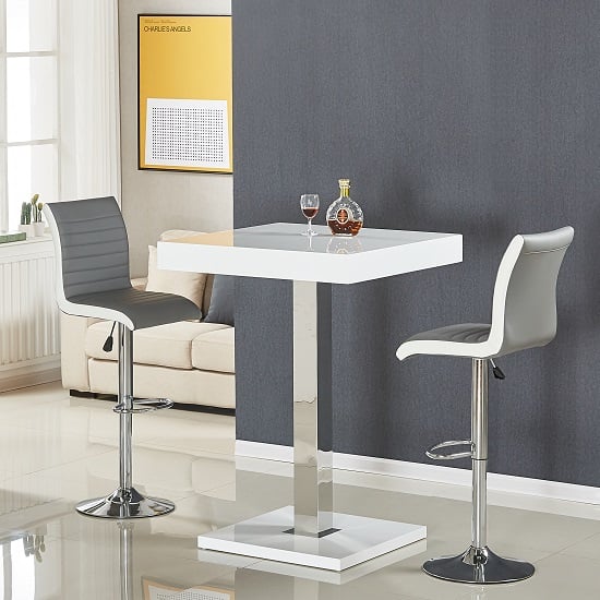 Photo of Topaz white high gloss bar table with 2 ritz grey white stools