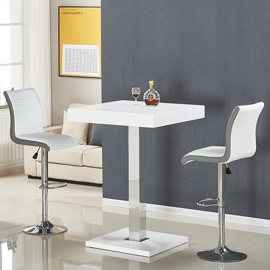 Photo of Topaz white high gloss bar table with 2 ritz white grey stools