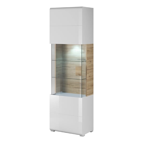 Torino High Gloss Display Cabinet 1 Door In White Oak With LED