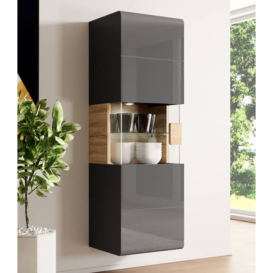 Torino High Gloss Display Cabinet Wall In Grey Oak With LED