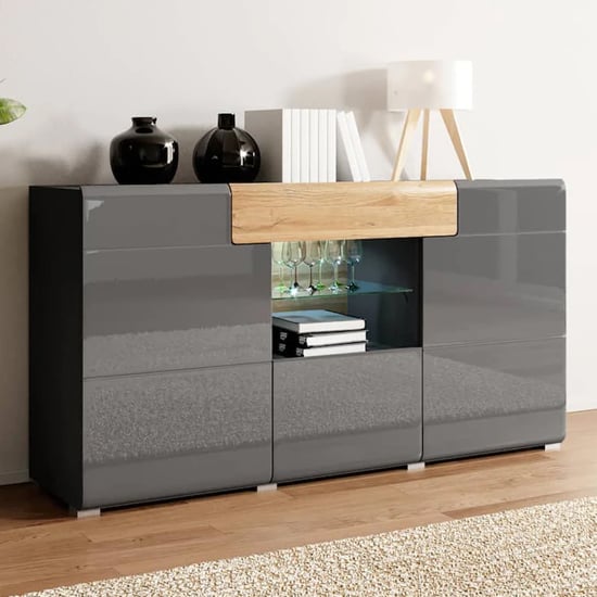 Torino High Gloss Sideboard With 3 Doors In Grey Oak And LED