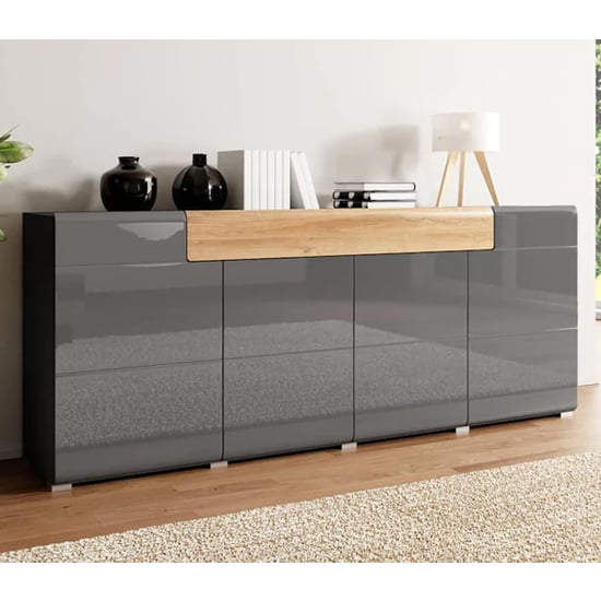 Product photograph of Torino High Gloss Sideboard 4 Doors In Grey And San Remo Oak from Furniture in Fashion