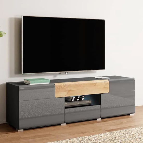 Read more about Torino high gloss tv stand in grey and san remo oak and led
