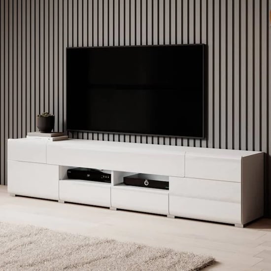 Product photograph of Torino High Gloss Tv Stand Wide In White With Led from Furniture in Fashion