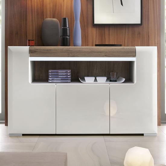 Tortola LED Wooden Sideboard In Oak And White Gloss With 3 Doors