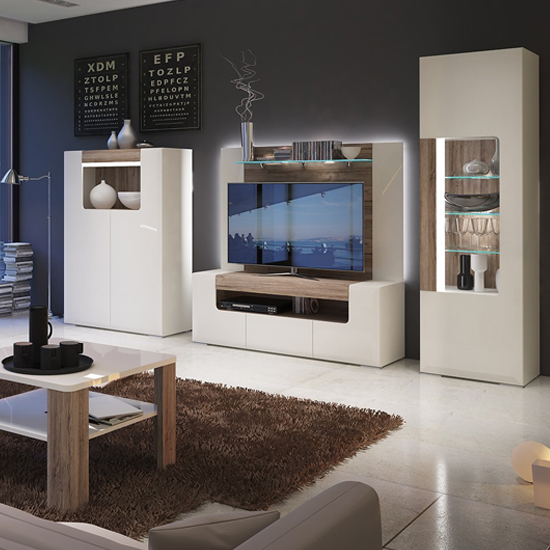 Tortola LED Tall Wooden Display Cabinet In Oak And White Gloss_5