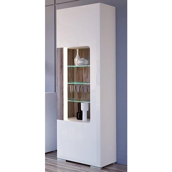 Tortola LED Tall Wooden Display Cabinet In Oak And White Gloss_1