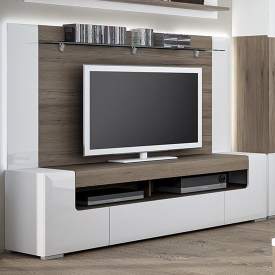 Photo of Tortola wide wooden tv unit in oak and white high gloss