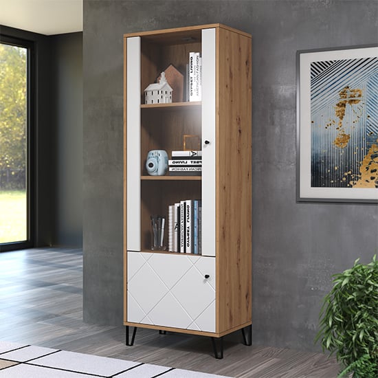 Product photograph of Torun Wooden Display Cabinet In Matt White And Artisan Oak from Furniture in Fashion