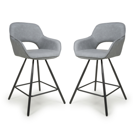 Read more about Torun light grey leather bar chairs with black legs in pair