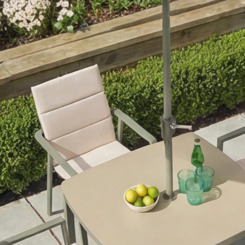 Tosano Garden Ceramic Glass Stone Top Dining Set with 2.5m Parasol in Sage Green and Cream