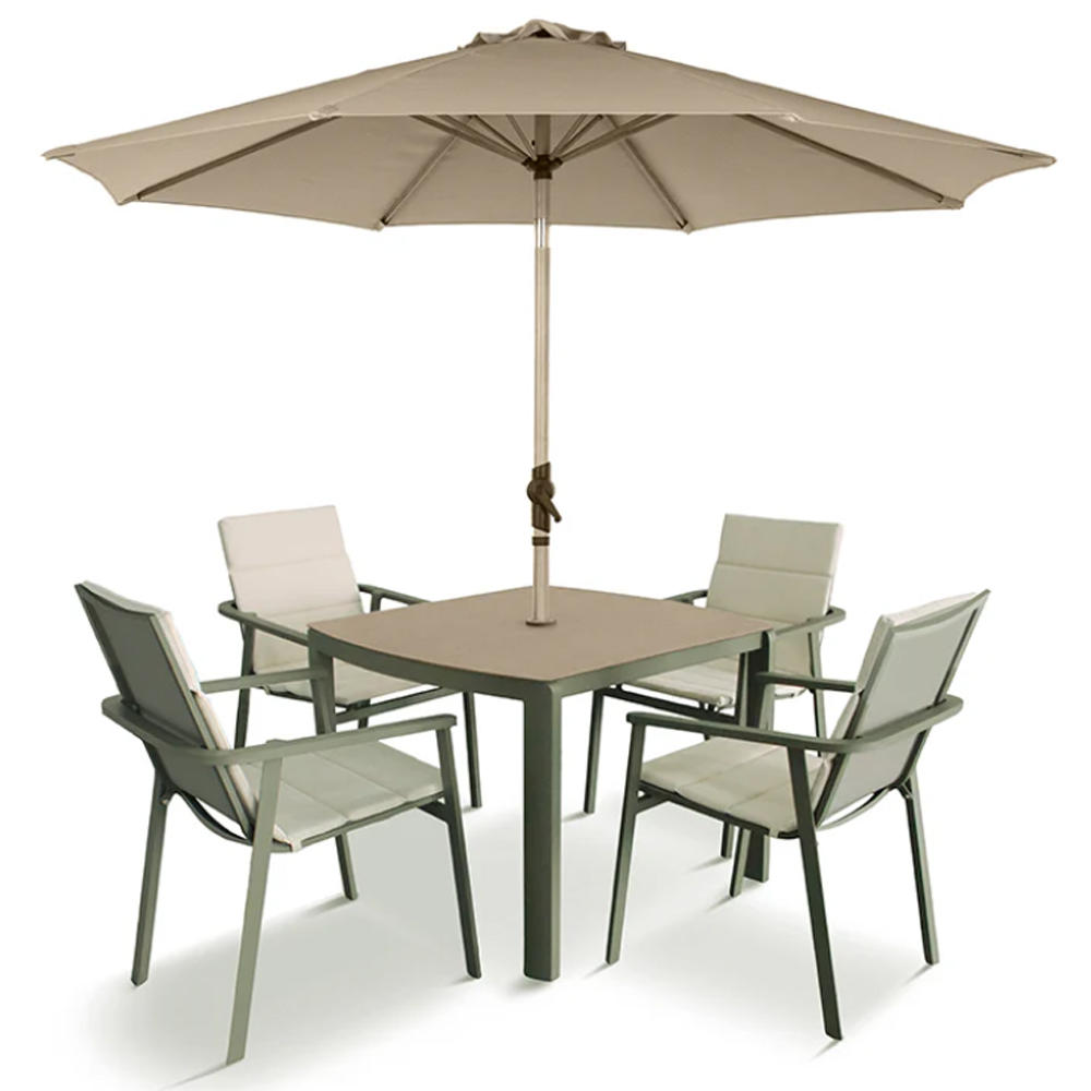 Tosano Garden Ceramic Glass Stone Top Dining Set with 2.5m Parasol in Sage Green and Cream