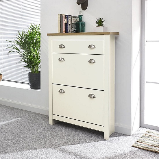 Photo of Loftus shoe storage cabinet in cream with oak effect top