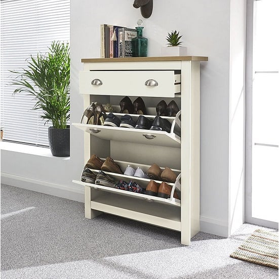 Loftus Shoe Storage Cabinet In Cream With Oak Effect Top_2