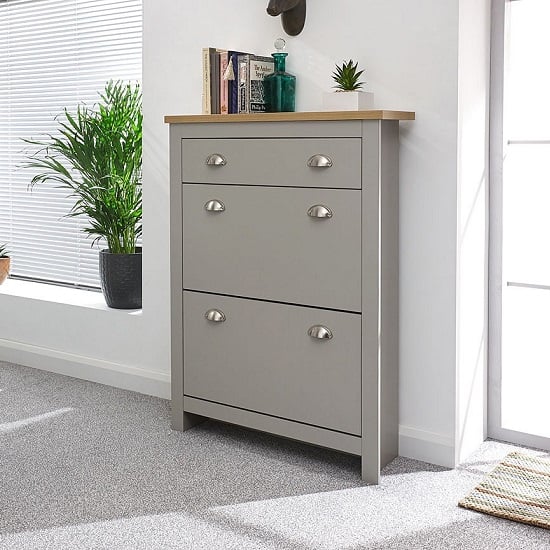 Product photograph of Loftus Shoe Storage Cabinet In Grey With Oak Effect Top from Furniture in Fashion