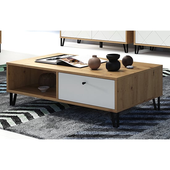 Photo of Touch 1 drawer coffee table in matt white and artisan oak