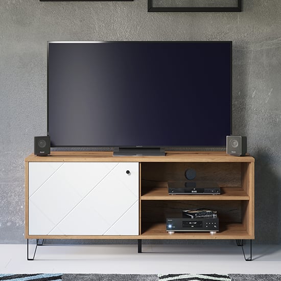 Photo of Touch wooden 1 door tv stand in matt white and artisan oak